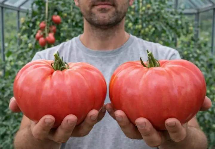 Mężczyzna trzyma dwa gigantyczne, różowe pomidory. W szklarni widać wiele innych odmian pomidorów.