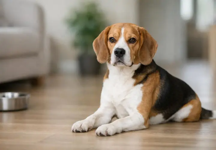 Uroczy beagle leży na podłodze, obok miski. Jego waga jest idealna, co widać po zgrabnej sylwetce.