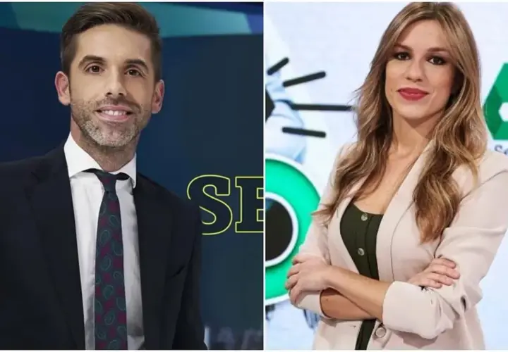 Paula del Fraile, presentadora, sonríe junto a un compañero en un plató de televisión.