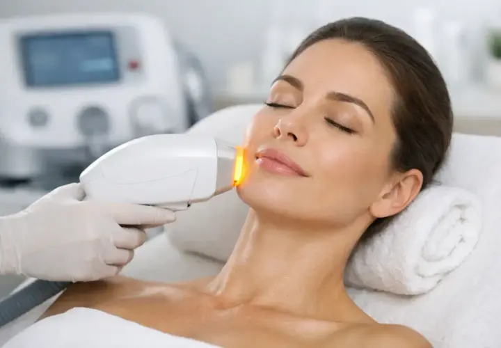 En kvinna får en ansiktsbehandling med en ipl laser.