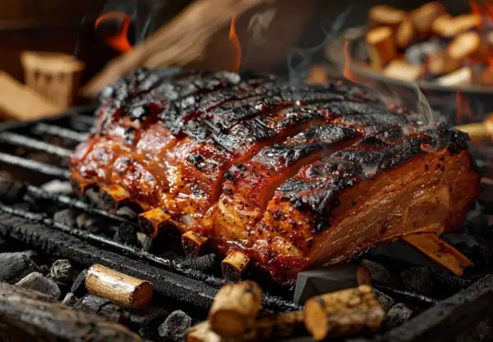 Un morceau de viande savoureux sur un gril, avec des braises et des flammes. Le fumage à chaud lui donne une croûte caramélisée et appétissante.