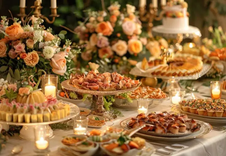 Un buffet somptueux, la formule parfaite pour un mariage : fleurs, bougies et délices sucrés et salés.