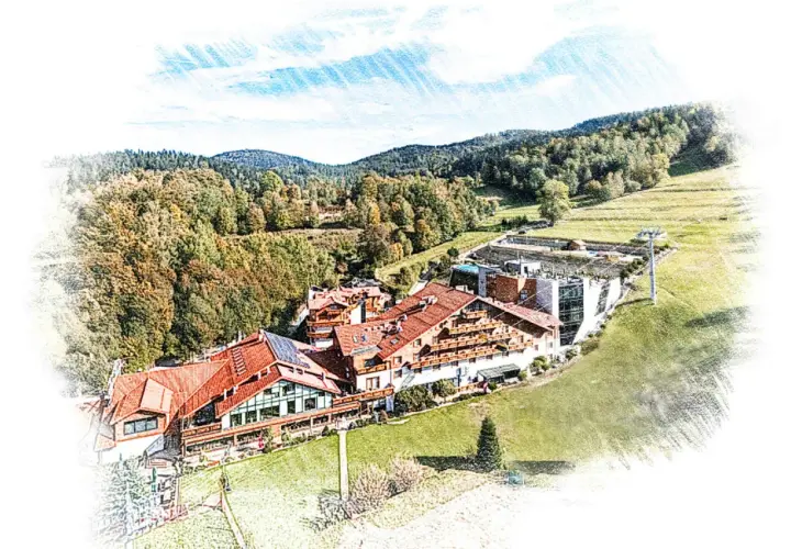 Malowniczy hotel meta w otoczeniu jesiennych lasów i zielonych wzgórz. Widok z lotu ptaka na architekturę i krajobraz.