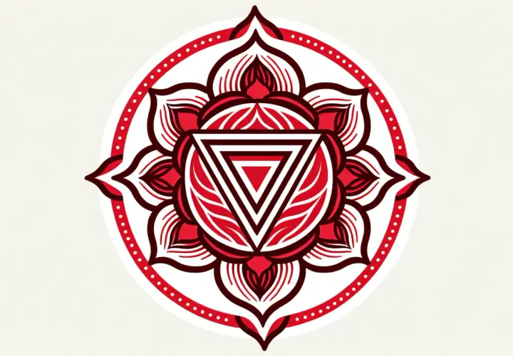 Czerwona mandala z trójkątem w środku, symbolizująca czakrę.