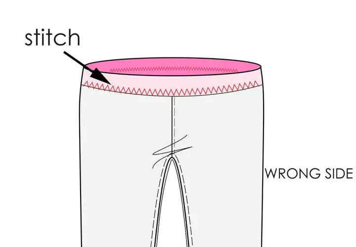 Illustration showing the wrong side of a garment with a pink casing and red zigzag stitch, indicating a step in casing sewing.