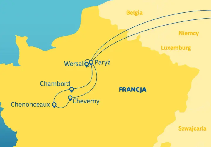 Mapa Francji z zaznaczonymi trasami do zamków nad Loarą: Wersal, Paryż, Chambord, Chenonceaux, Cheverny.