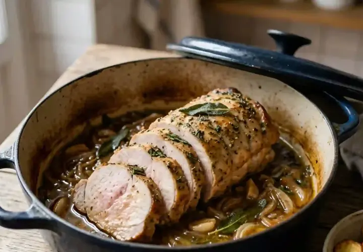 Un délicieux roti de porc cocotte, tranché et baignant dans une sauce savoureuse aux herbes et oignons.