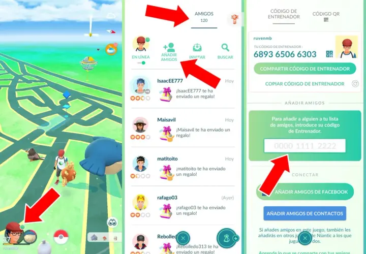 Gra Pokémon Go: ekran z listą znajomych, kodem trenera i mapą. Widoczni gracze i ikony prezentów od znajomych.