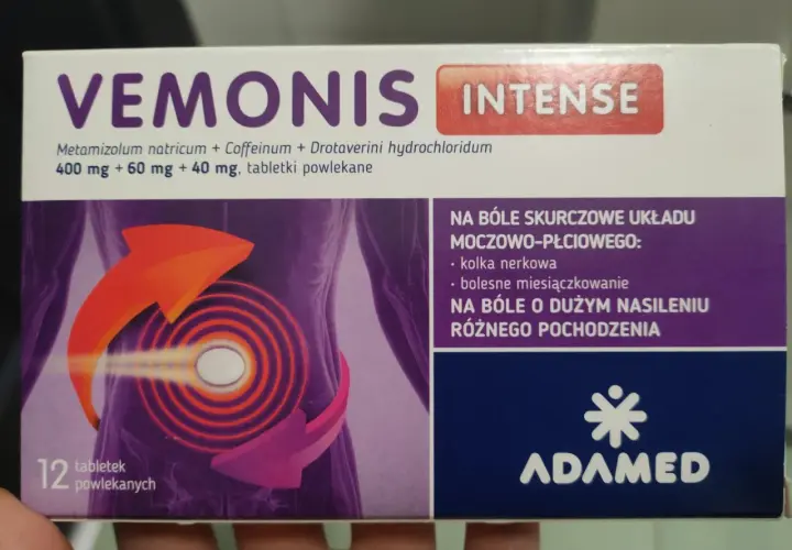Opakowanie leku Vemonis Intense z grafiką symbolizującą ból i ulgę.