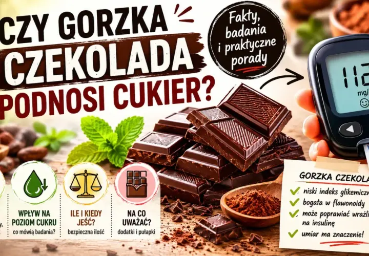 Czy gorzka czekolada jest zdrowa? Obraz przedstawia stos gorzkiej czekolady, kakao, glukometr i listę korzyści zdrowotnych.