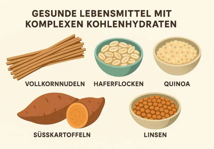 Gesunde Lebensmittel mit komplexen Kohlenhydraten: Vollkornnudeln, Haferflocken, Quinoa, Süßkartoffeln und Linsen.