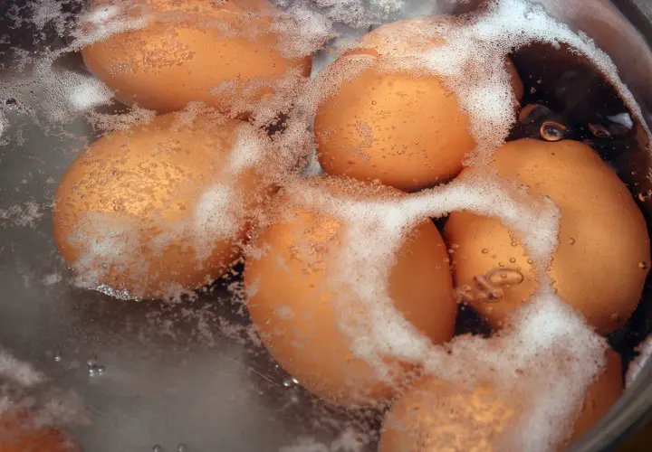 Des œufs bruns bouillent dans une casserole d'eau froide. Le temps de cuisson d'un œuf dur est crucial pour une texture parfaite.