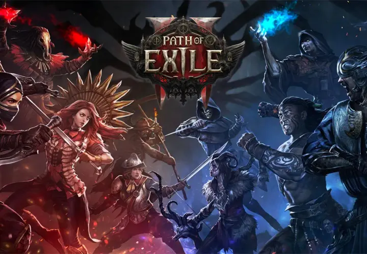 Postacie z Path of Exile w dynamicznej walce, gotowe do akcji. Spolszczenie gry dodaje głębi tej mrocznej fantastyce.