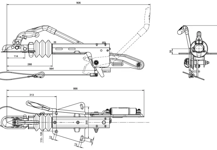 Disegno tecnico di un freno a inerzia per rimorchi, con quote e dettagli costruttivi.