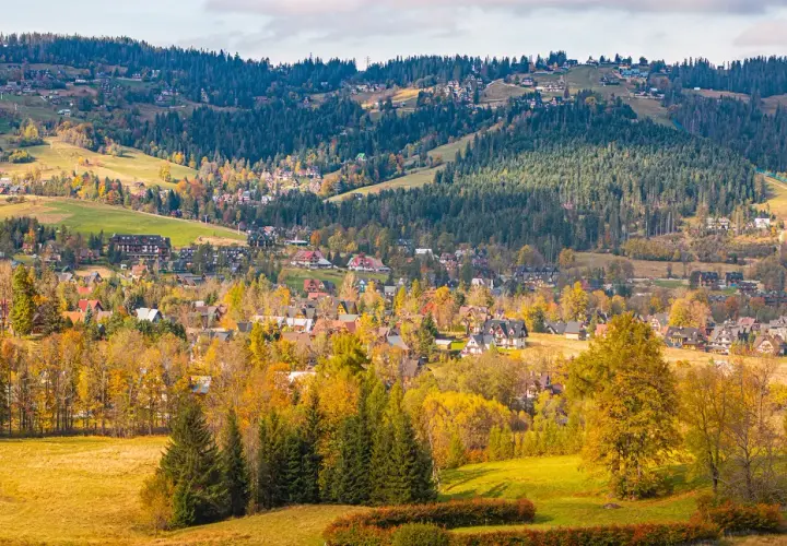 Widok na Zakopane jesienią, z górami i lasami w tle.