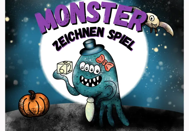 Ein lustiges Spiel, um Monster zu malen! Ein blauer, dreiaugiger Kerl mit Hut und Schleife hält einen Würfel.