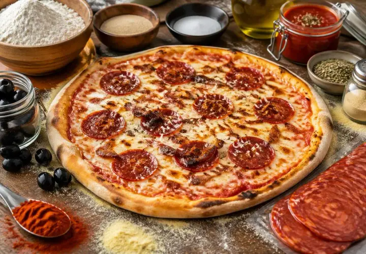Pizza chorizo appétissante, garnie de rondelles de chorizo croustillantes, entourée d'ingrédients frais pour une création parfaite.