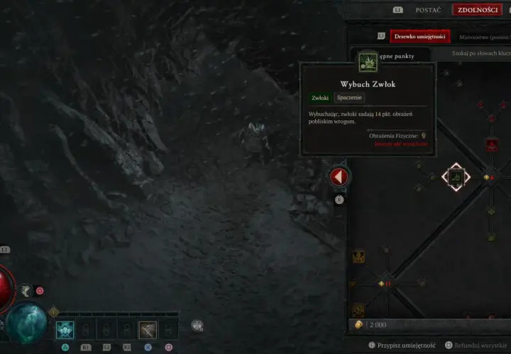 Drzewko umiejętności w Diablo 4, gdzie gracz wybiera "Wybuch Zwłok" do swoich diablo 4 buildy.