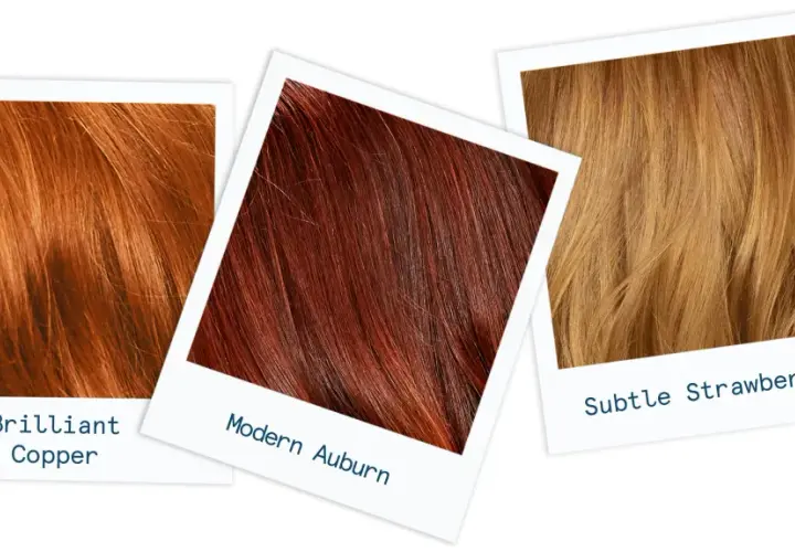 Tres mechones de cabello: cobre brillante, auburn moderno y fresa sutil.