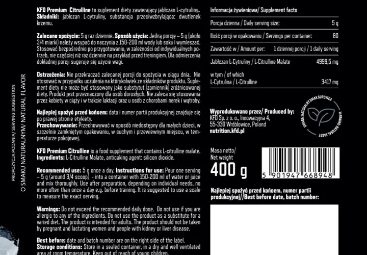 Suplement diety KFD Premium Citrulline zawiera jabłczan L-cytruliny. Od lat stosowany w sporcie, wspiera wydolność.
