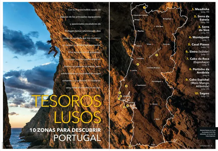 Una escaladora desafía una pared rocosa en Portugal, destacando la riqueza de la escalada en el país.