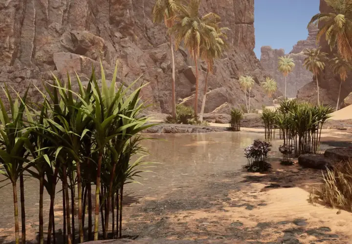Eine Oase in einer Wüstenlandschaft, wie im Icarus Game. Palmen und üppige Vegetation umgeben einen kleinen See vor steilen Felsen.