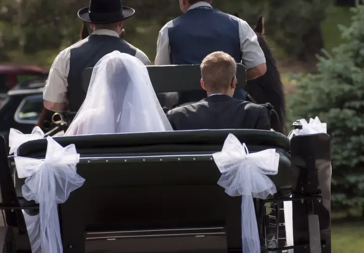 Carrozza nuziale con sposa e sposo. Un amore che nasce, forse innamorarsi di un uomo sposato, ma oggi è il loro giorno.