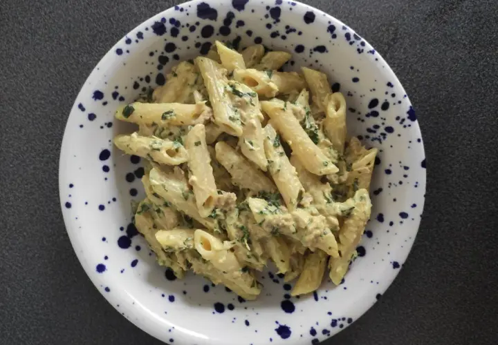 Penne z kremowym sosem, kawałkami tuńczyka i zieloną natką pietruszki, podane w talerzu w granatowe cętki.
