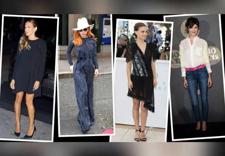 Quatre femmes célèbres montrent comment s'habiller quand on est petite : robe noire, combinaison à pois, robe asymétrique, chemise et jean.