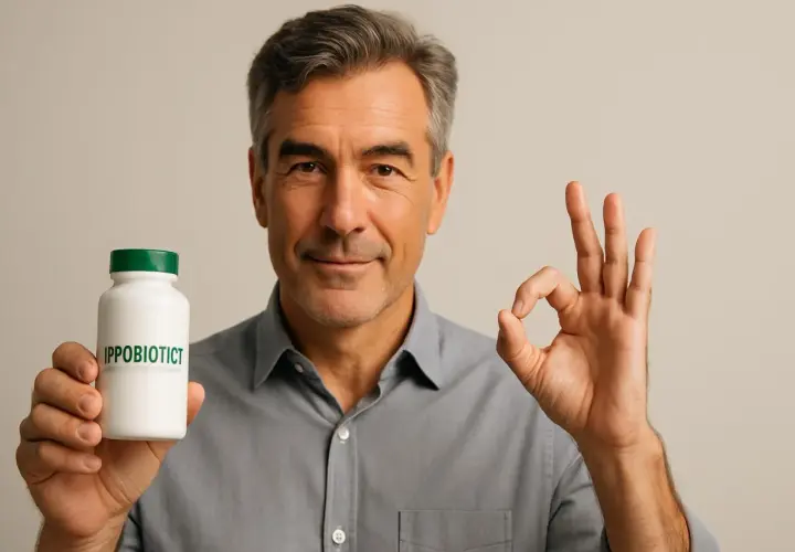 Uomo sorridente mostra un flacone di integratore con Lactobacillus helveticus R0052 e Bifidobacterium longum R0175, facendo il segno OK.
