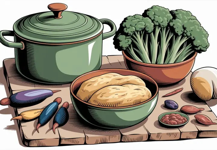 Préparation des pâtes aux brocolis à la sicilienne : brocolis frais, pâtes, aubergines, piments et une cocotte.
