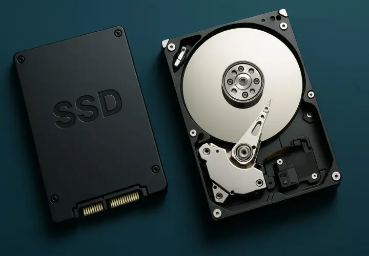 Comparativa de dos tipos de disco duro: un SSD negro y un disco duro mecánico abierto mostrando sus platos.