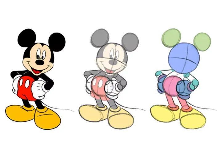 Drei Mickey-Maus-Zeichnungen: fertig, skizziert, mit Farbblöcken.