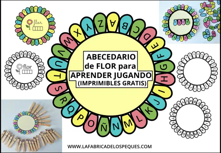 Abecedario de flor para aprender jugando. Letras del alfabeto en pétalos de flor, ideal para el invierno.