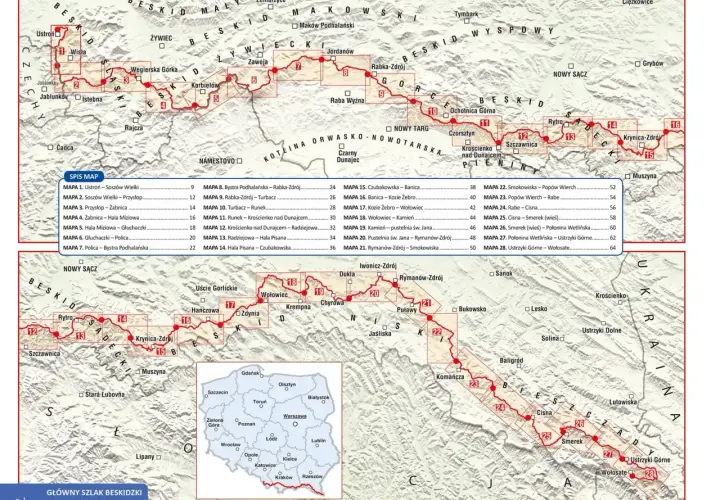 Mapa szlaku Głównego Szlaku Beskidzkiego z zaznaczonymi etapami i miejscowościami.