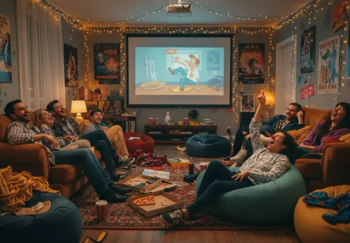 Grupa przyjaciół śmieje się do rozpuku podczas seansu filmowego w przytulnym pokoju. Ta tragifarsa kołtuńska, pełna światełek i plakatów, tworzy atmosferę beztroskiej zabawy.