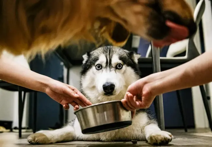 Siberian husky z niebieskimi oczami czeka na jedzenie. Dwie ręce trzymają miskę, a nad nim wisi inny pies. Ile nospy dla psa 10 kg?