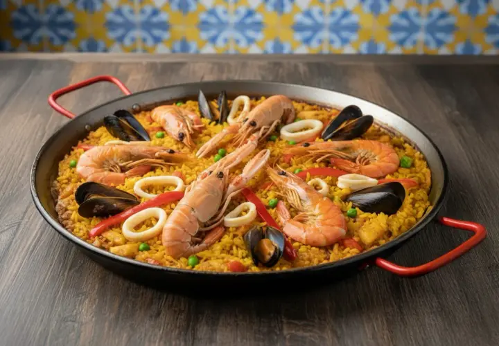 Paella de marisco, un plato principal perfecto para cualquier ocasión. Este paella recept incluye gambas, mejillones, calamares y pimientos.