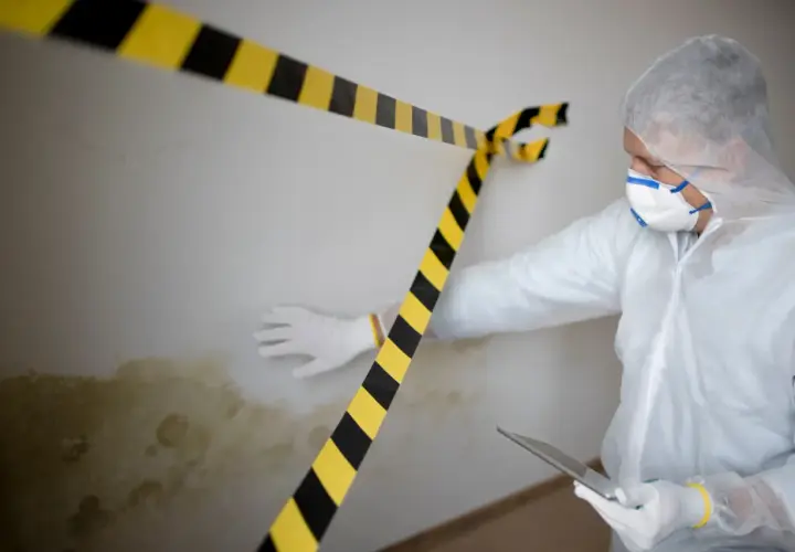 Mann in Schutzanzug untersucht Wand mit Schimmel, der muffiger Geruch nach Wasserschaden verursacht. Warnband markiert den Bereich.