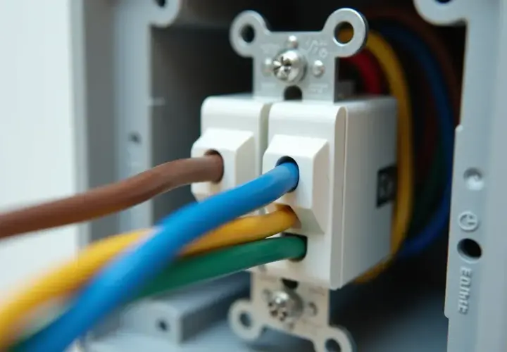 Jak podłączyć włącznik światła podwójny trzy przewody: zbliżenie na biały mechanizm z kolorowymi przewodami (brązowy, niebieski, żółty, zielony) wchodzącymi do zacisków.
