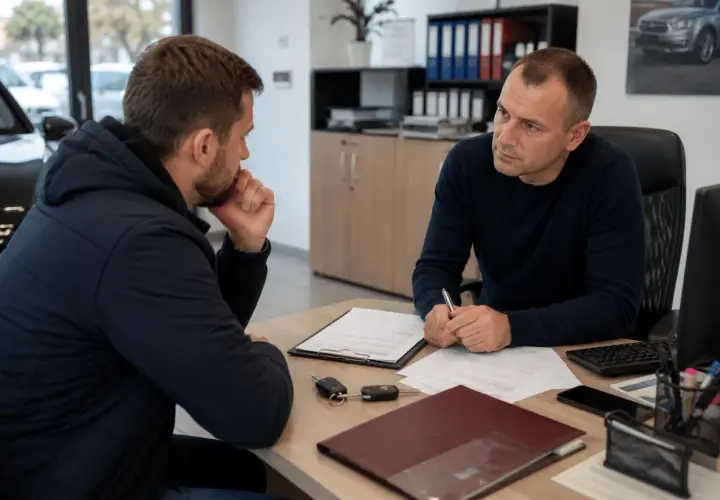Dwóch mężczyzn przy biurku omawia umowę. Kluczyki samochodowe leżą na blacie. Dyskutują o tym, ile czasu na zwrot auta od osoby prywatnej.
