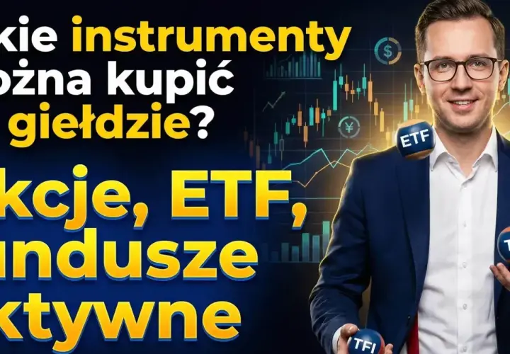 Mężczyzna żongluje piłkami z napisami ETF i TFI. Na tle wykresy giełdowe, sugerujące inwestycje na giełdach.