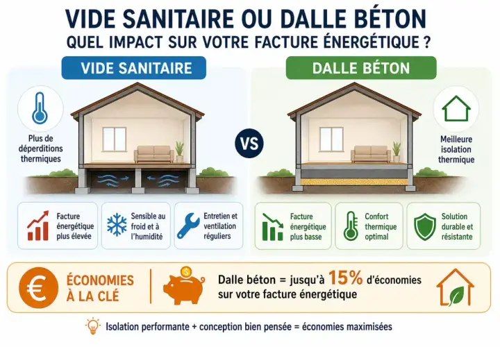 Comparaison entre vide sanitaire et dalle béton. Le vide sanitaire entraîne plus de déperditions thermiques, tandis que la dalle béton offre une meilleure isolation et des économies.