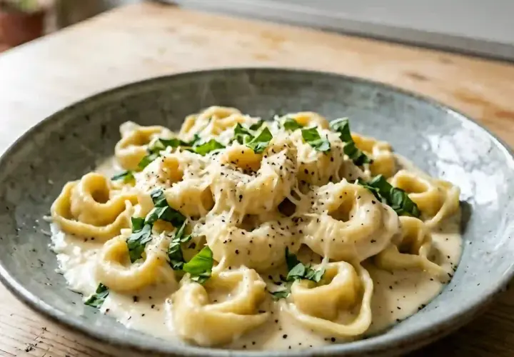 Tortellinis onctueux nappés d'une sauce mascarpone pour pâtes, parsemés de parmesan râpé et de basilic frais.