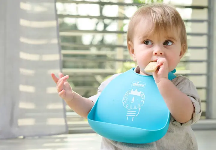 Bambino con bavaglino blu che mangia un biscotto, un esempio di autosvezzamento come funziona.