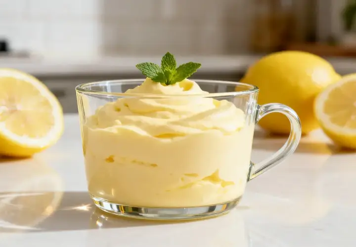 Morbida mousse al limone in una tazza di vetro, guarnita con menta fresca. Limoni interi e tagliati sullo sfondo.