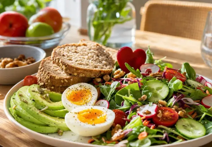 Salade colorée avec avocat, pain complet, et deux moitiés d'œuf à la coque. La fraîcheur de l'œuf suggère qu'il est bien avant sa date de péremption.