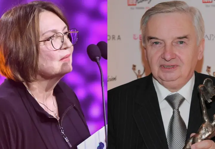 Kobieta w okularach i mężczyzna w garniturze trzymający statuetkę.