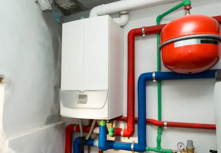 Biały piec gazowy podłączenie do instalacji grzewczej z czerwonymi i niebieskimi rurami oraz czerwonym zasobnikiem.