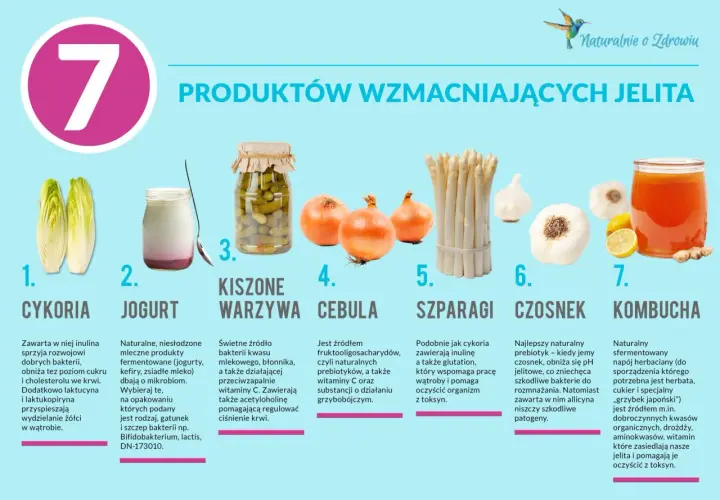 Cykoria, jogurt, kiszone warzywa, cebula, szparagi, czosnek i kombucha to produkty, które warto jeść przy biegunce, wspierając jelita.